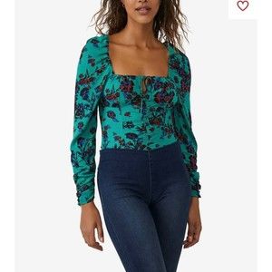 NWT Free People Hilary Printed Top Long Sleeve Blouse Green Combo M